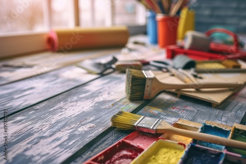 Home Renovation: Painting and Decorating Work Table with Color Swatches and Tools