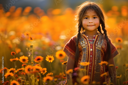 A young native child gazes in wonder at a field of wildflowers