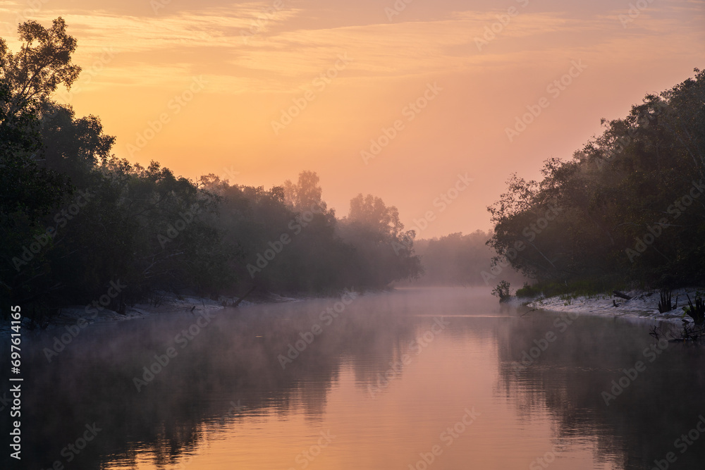 Peaceful misty landscape view of mangrove at dawn in Sundarbans national park, a UNESCO world heritage site, Bangladesh Peaceful misty landscape view of mangrove at dawn in Sundarbans national park, a UNESCO world heritage site, Bangladesh