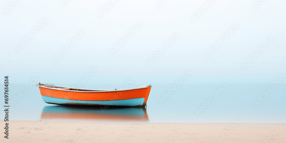 Orange boat in a calm sea waters near a beachline. Calm, tranquil landscape. Generative AI