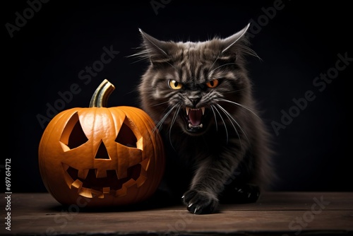 Black kitten hissing next to halloween pumpkin © ilyaska