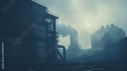 Industry plant landscape with smoke smog emissions. Bad ecology cocnept. Generative AI