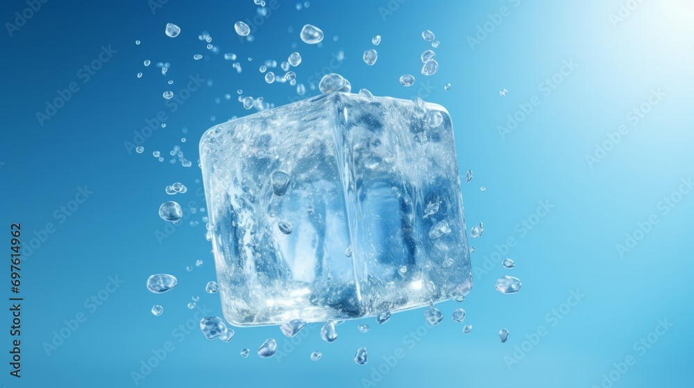 Falling ice cube on a blue background. Frozen water. Falling ice cube on a blue background. Frozen water.