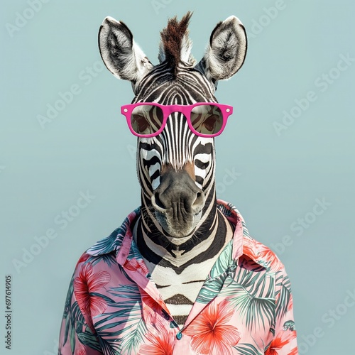 Portrait of a zebra in sunglasses and a shirt on a blue background