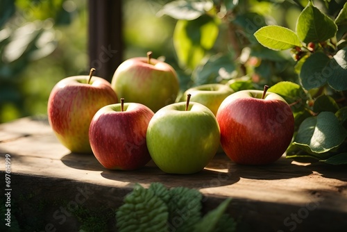  A mouth-watering tableau of ripe, succulent apples, their velvety skin reflecting the warm rays of the sun, nestled among a verdant landscape of vibrant greens and delicate flowers.