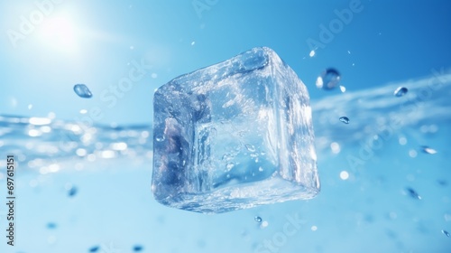Falling ice cube on a blue background. Frozen water. photo