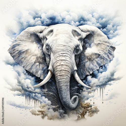 Watercolor illustration of a big  wild elephant animal on a white background