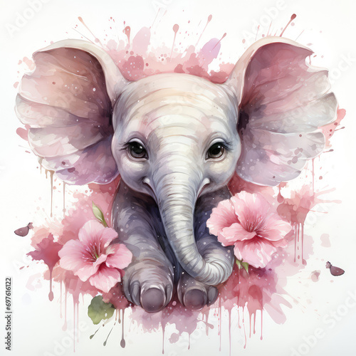 Watercolor illustration of a cute, little elephant animal on a white background with flowers