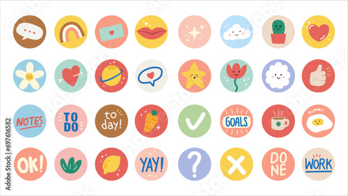 Set of rounded cute sticker planner cartoon illustration photo