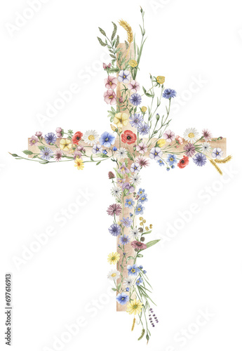 Watercolor hand painted Wildflowers Cross Clipart, Easter Religious meadow florals illustration, Fiels flowers Baptism Cross clip art, Holy Spirit clipart, wooden cross