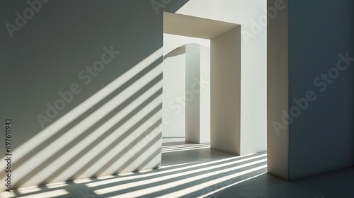 Architectural interior shot showing a white archway with contrasting shadows and light play, creating a serene scene