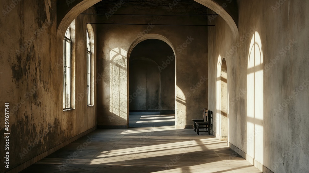 Aesthetic play of light and shadow along a classical corridor with arches and a warm ambiance