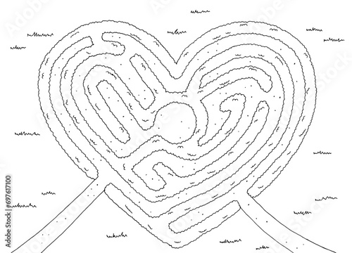 Garden heart maze bush graphic black white sketch top aerial view illustration vector