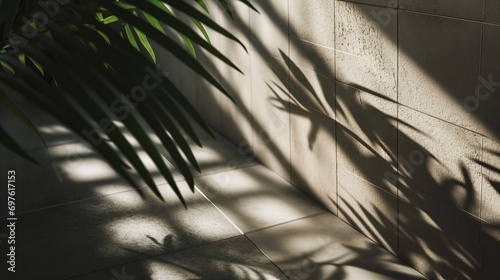 Sunlight casting a beautiful shadow of palm leaves on a textured wall