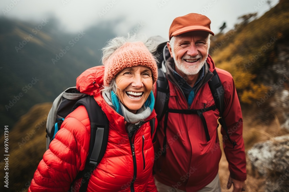 Happy senior couple on a hike in mountains