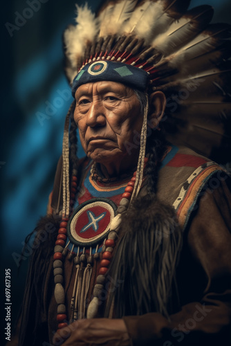 Navajo tribe Indian chief in traditional clothing