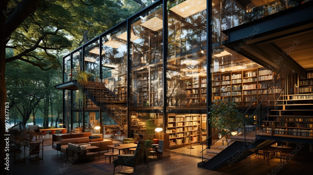  the modern interior with bookshelves with beautiful large floor-to-ceiling windows