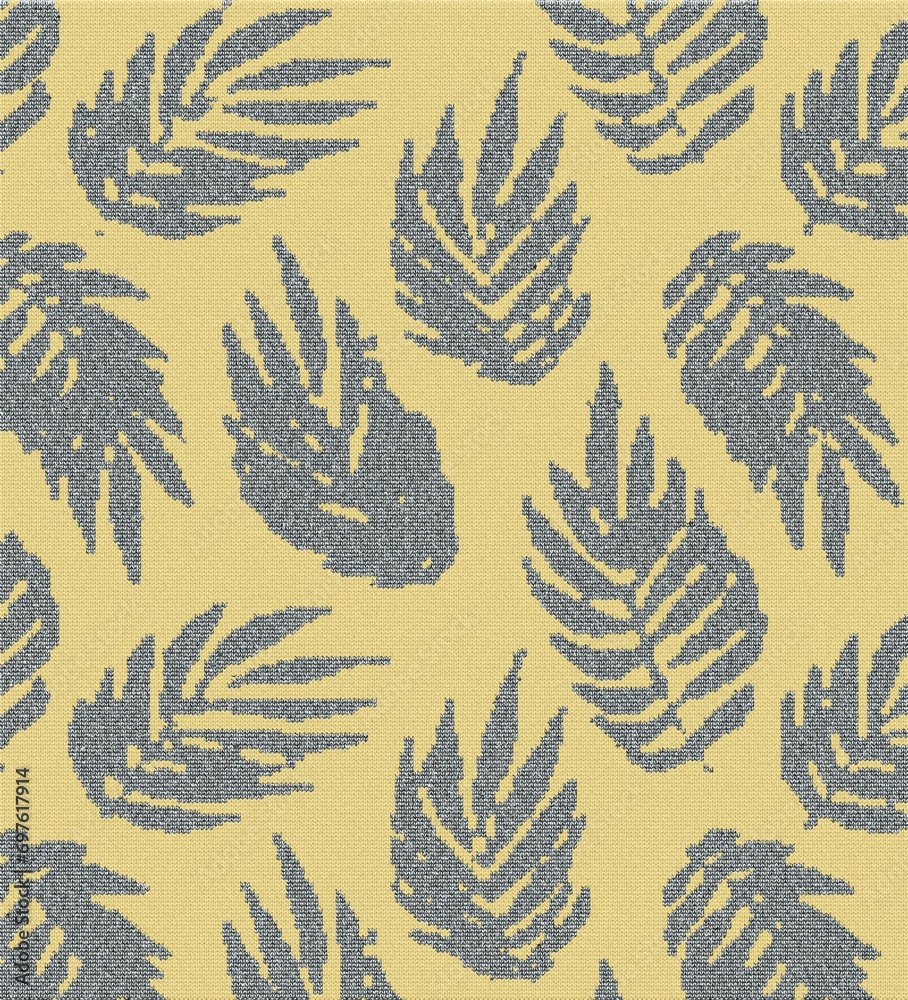 Fototapeta premium Fern leaf pattern fabric with repeating botanical silhouettes in muted green and mustard tones, seamless textile background for fashion and interior