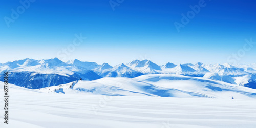 Winter mountain peaks are covered with snow. Ski landscape. Freeriding. Winter sports concept. Generative AI © AngrySun