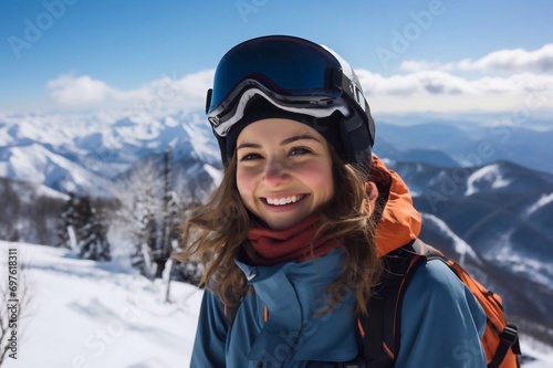 Female snowboarder on top of the winter mountain