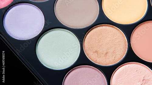 Close-up of an open palette with multicolored female cosmetic eye shadows, copy space. Decorative cosmetics background.