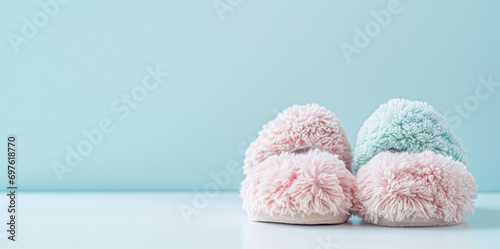 Cute pink fluffy warm winter house slippers in pastel colors. Female home clothes and shoes, soft slippers.