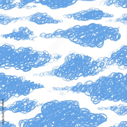 Seamless pattern with childishly drawn clouds. Clouds drawn with spiral scribbles. Blue and white background with pencil drawn sky photo