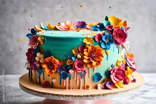 A birthday cake covered in vibrant fondant, featuring edible glitter and a cascade of edible flowers