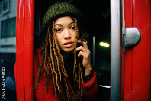 Modern Melting Pot: Street Photography of a Young Woman with Rastafarian Braids in a Diverse City photo