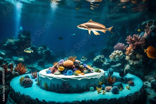 A beautiful underwater-themed birthday cake with edible sea creatures, corals, and a shimmering ocean floor