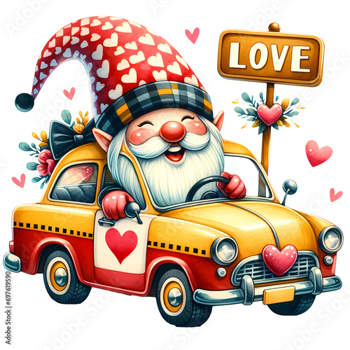 Cute Gnome Love Taxi Valentine Watercolor Clipart Illustration