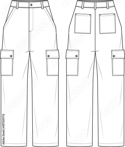 Technical drawing of unisex cargo trousers. Relaxed fit. Flat front and back, white style. Female, male unisex CAD mockup.