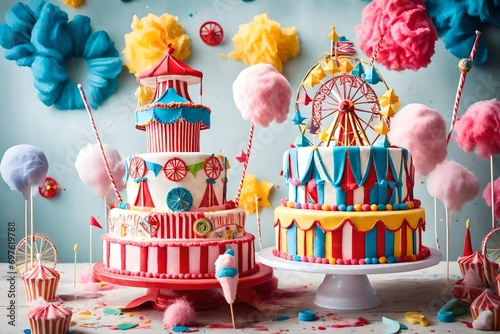 A vibrant carnival-themed birthday cake with fondant ferris wheels, cotton candy, and a lively circus atmosphere © zeeshan