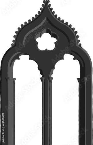 Gothic window plate tracery stylized drawing. Architectural stone engraving; european medieval cathedral/church frame illustration of ogee arch moulding; vector