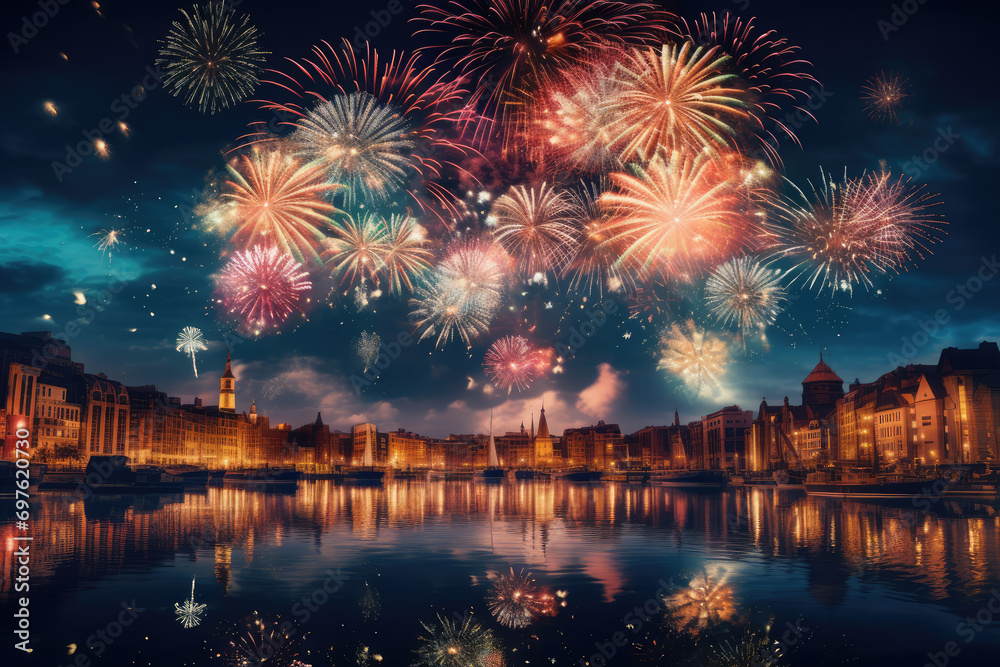 Fototapeta premium New York City skyline with fireworks over Hudson River, New York City, USA