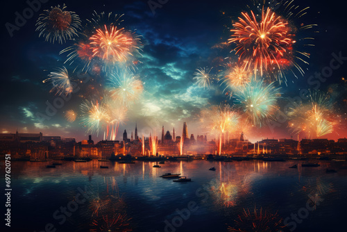 New York City skyline with fireworks over Hudson River, New York City, USA