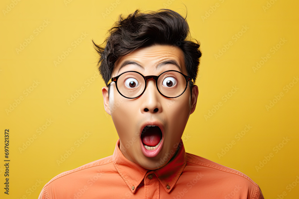 portrait of surprised asian man looking at camera over blurred background