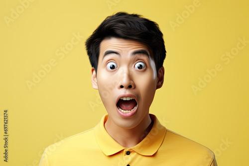 portrait of surprised asian man looking at camera over blurred background