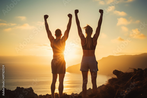 Triumph Together: Image of a Couple Expressing Victory with Raised Arms