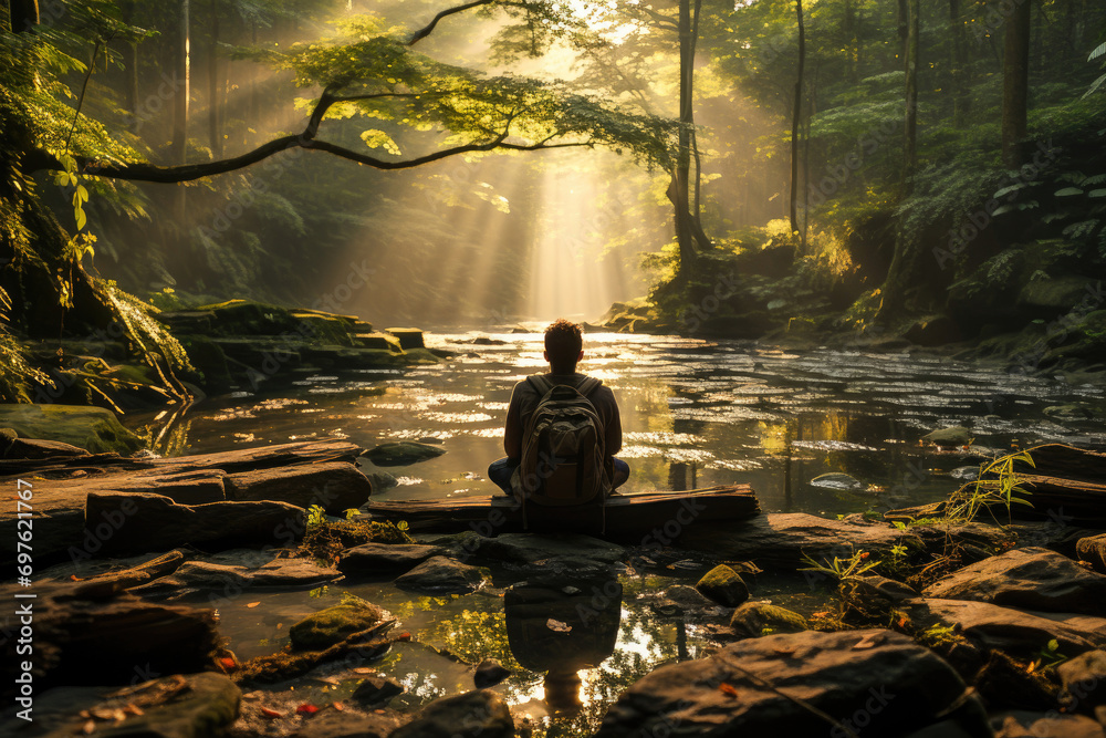 A man meditates by a forest creek, illuminated by tranquil sunrise light piercing through the trees. A man meditates by a forest creek, illuminated by tranquil sunrise light piercing through the trees.