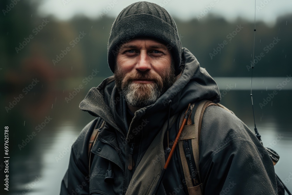 Fishing Man, Tough Bearded Man on the Northern Lake with Fishing Rods, Harsh Nature