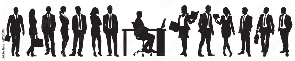Business people silhouettes working, talking, standing, and walking on isolated white background.
