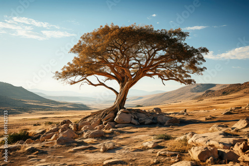 A lone tree stands resilient against the vast desert landscape, illuminated by the warm golden hues of sunset.