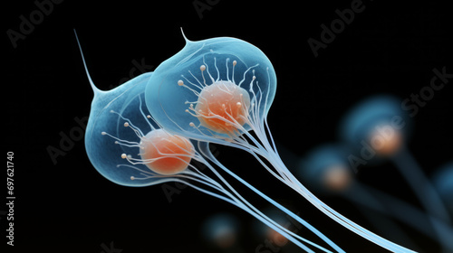 Microscope picture of the process of life formation and conception. Cell connection