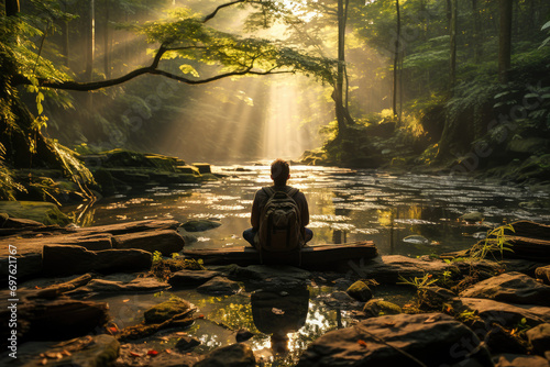 A man meditates by a forest creek  illuminated by tranquil sunrise light piercing through the trees.