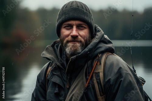 Fishing Man, Tough Bearded Man on the Northern Lake with Fishing Rods, Harsh Nature © artemstepanov