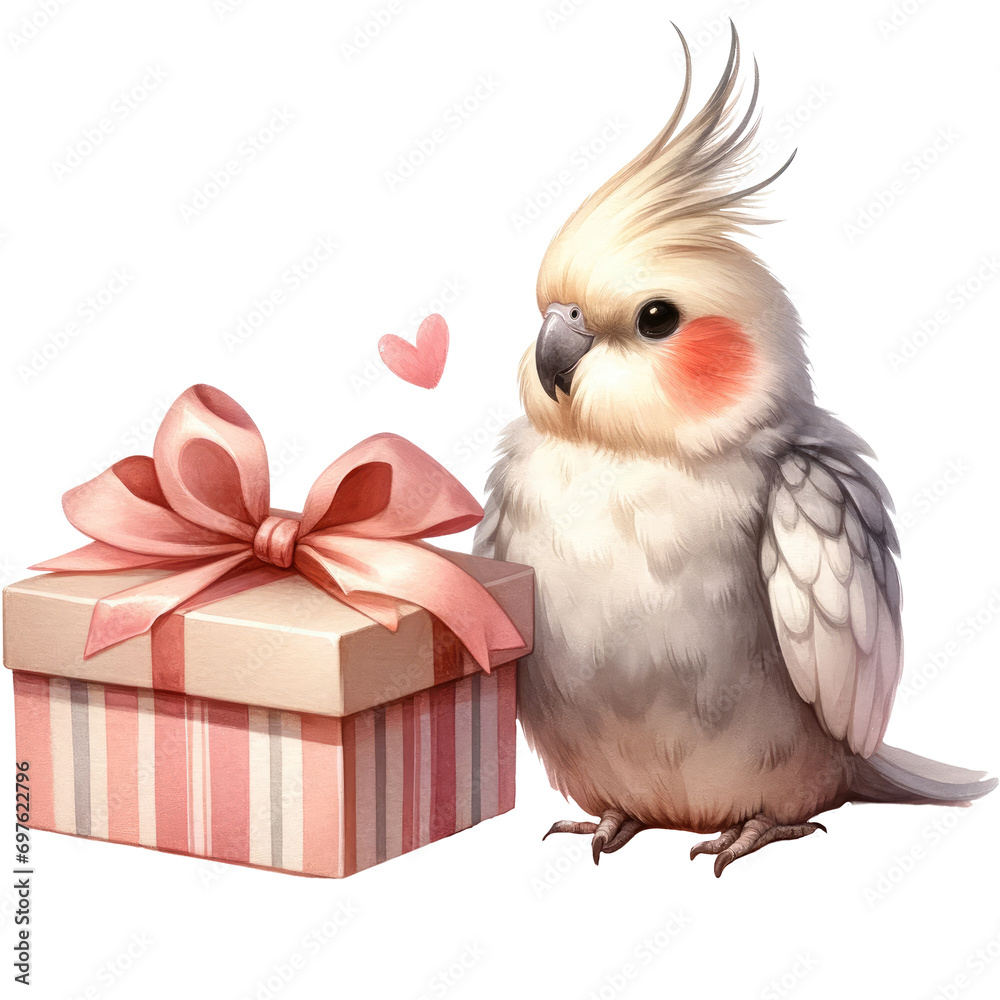Cockatiel with Valentine's Day gift box transparent background Cockatiel with Valentine's Day gift box transparent background