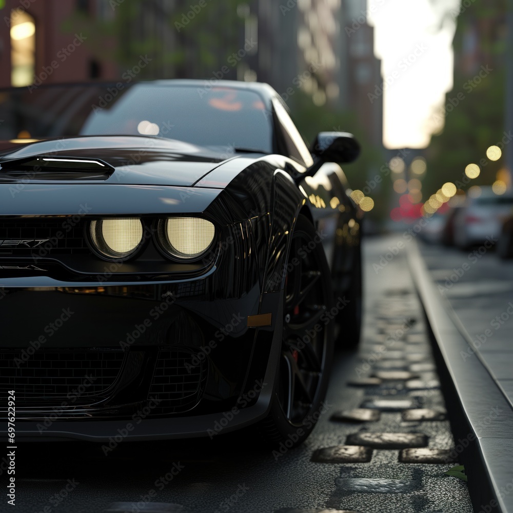 Fototapeta premium Luxurious black sports car parked on an urban street with city lights glowing in the background at dusk