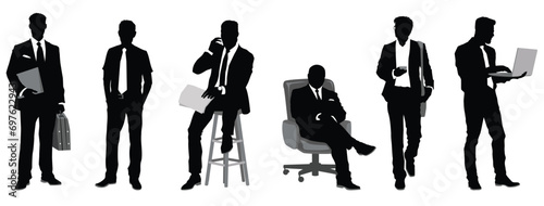 Silhouette of business people working, talking, standing, and walking on isolated white background. 