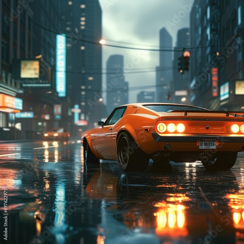 Classic muscle car in vibrant orange parked on a rain-soaked city street at dusk, reflecting lights © mockupzord